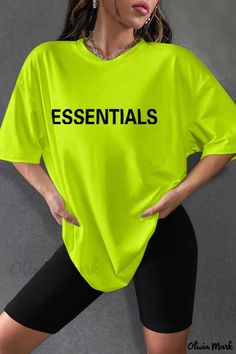 Olivia Mark - Stylish Two-Piece Set: Fluorescent Green Casual Print with O Neck and Short Sleeves Casual Neon Tops With Letter Print, Ptso Ideas, White Two Piece Set, Green Two Piece, White Two Piece, Two Piece Short Set, Letter O, Casual Sets, White Casual