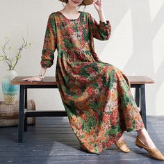 Women's Vintage Floral Dress A Line Crew Neck Cotton Linen Floral Holiday Dress Spring Floral Print Free Size Maxi Dress, Multicolor Free Size Dress For Spring, Multicolor Free Size Dresses For Spring, Spring Long Sleeve Free Size Maxi Dress, Spring Long Sleeve Free Size Dresses, Spring Long Sleeve Maxi Dress Free Size, Free Size Long Sleeve Maxi Dress For Spring, Green Free Size Dresses For Spring, Free Size Long Sleeve Dresses For Spring