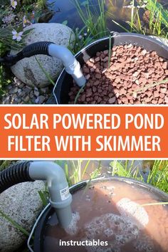 an image of a pond filled with water and some rocks in the background that says solar powered pond filter with skimmer