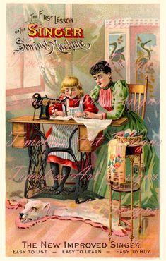 an old advertisement for singer sewing machine shows two children at a table working on the sewing machine