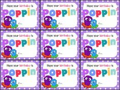 purple and blue cartoon character birthday tags with the words pop'n on them in different languages