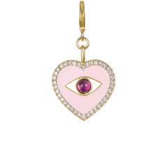 The Enamel Evil Eye Clip-On Charm brings together two eternal and beloved motifs. Framed in pavé crystals and studded with an amethyst eye, this enamel pendant is a protective good luck talisman that’s always in style—simply add it to any of our convertible chain links or pearls. Charm measures 2 " x 1 " and is 22k gold plating bronze with enamel, genuine amethyst and crystal stones. Luxury Heart-shaped Enamel Jewelry, Purple Enamel Pendant Jewelry, Elegant Enamel Heart Pendant Jewelry, Luxury Jeweled Pendant Jewelry, Luxury Diamond Jewelry With Evil Eye Detail, Symbolic Diamond Jewelry With Gemstones, Luxury Pink Amethyst Jewelry, Enamel Heart Pendant Jewelry With Charms, Enamel Heart Pendant Charms Jewelry