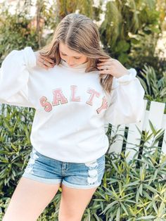 Custom Sweatshirt is the perfect top for any occasion. The Chenille Letters have a glitter backing and sparkle in the light. Oh so preppy and stylish! Sweatshirt is not fitted, loose fitting for extra comfort. When checking out please leave a message for the sweatshirt color and color of patches you would like. Salty Sweatshirt, Patch Crewneck, Beach Sweatshirt, Chenille Patch, Letter Sweatshirt, Varsity Sweater, Patches Shirt, Diy Sweatshirt, Womens Hoodies