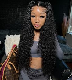 Curly Wig Two Ponytails, Wig Hairstyles Two Ponytails, Half Up Wig Hairstyles, Curly Pigtails Half Up Half Down, 2 Ponytails Half Up Half Down Curly Hair, Water Wave Ponytail, Baddie Pics, Wig Installation, Two Ponytails