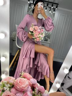 Glamorous Long Sleeve Satin Maxi Dress, Spring Long Sleeve Evening Dress For Bridesmaid, Long Sleeve Evening Dress For Spring Bridesmaid, Spring Long Sleeve Bridesmaid Evening Dress, Flowy Long Sleeve Evening Dress For Party, Pink Satin Long Sleeve Gown, Pink Long Sleeve Maxi Dress For Evening, Pink Long Sleeve Satin Gown, Pink Long-sleeved Satin Gown