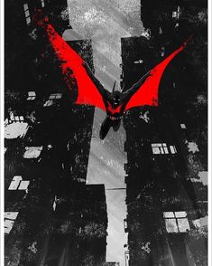 a bat flying through the air in front of tall buildings with red paint splatters