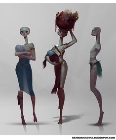 three alien women in different poses with one holding an object on her head and the other standing