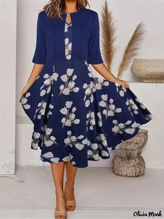 Olivia Mark - Floral Print Two-Piece Long Dress Set with Round Neck Dress and Outerwear Blue Floral Print Midi Dress With 3/4 Sleeve, Blue Casual Dress With 3/4 Sleeves, Blue Floral Print Half Sleeve Midi Dress, Blue Floral Print Midi Dress With Half Sleeves, Blue Half-sleeve Midi Dress For Spring, Blue Half-sleeve Spring Dress, Blue Half Sleeve Midi Dress For Spring, Blue Half Sleeve Dress For Spring, Blue Half Sleeve Spring Dress