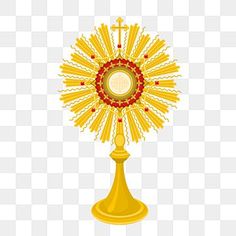 a golden cross on top of a gold pedestal with red beads and a white background