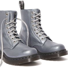 1460 PASCAL GUNMETAL METALLIC VIRGINIA DIVA BOOT Shoe Polish, Boots Uk, Metal Lace, Gunmetal Grey, Goodyear Welt, Silver Accents, Dr. Martens Boots, Dr. Martens, New Collection