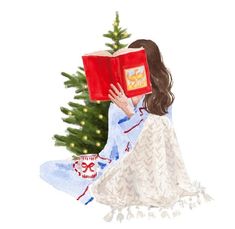 a watercolor painting of a girl reading a book next to a christmas tree