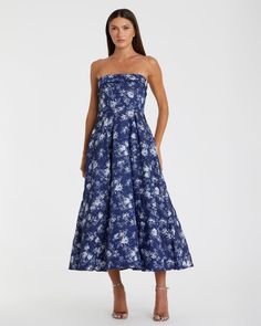 Strapless Brocade Midi Dress Spring Gala Floral Print Midi Dress, Blue Floral Print Midi Dress With Straight Neckline, Strapless Floral Print Dress With Fitted Bodice, Evening Midi Dress With Floral Print And Straight Neckline, Blue Midi Dress With Floral Print And Straight Neckline, Strapless Sweetheart Neckline Dress With Floral Print For Cocktail, Midi Length Strapless Dress For Garden Party, Formal Spring Strapless Midi Dress, Elegant Strapless Dress With Floral Print And Fitted Bodice