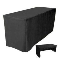 a black table cover with an ottoman underneath it