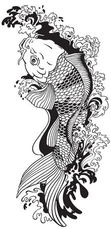 a black and white drawing of a koi fish with waves in it's back