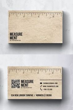 three wooden business cards with a ruler on the front and bottom, one for measure men