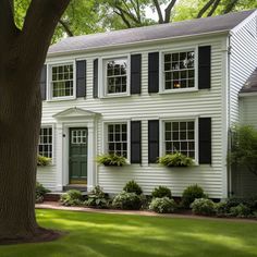 a white house with black shutters and trees in the front yard, on a sunny day