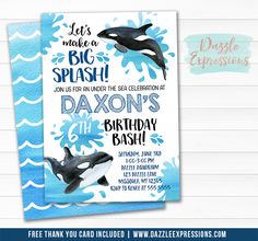 an orca whale birthday card with the words let's make a big splash on it