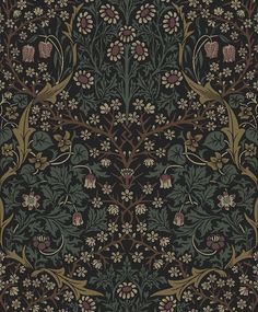 an intricately designed wallpaper with flowers and leaves on black, green, brown and tan colors