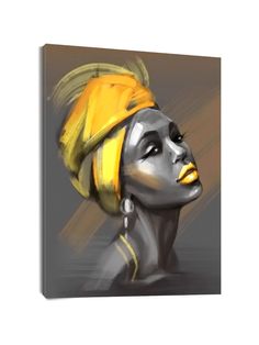 an abstract painting of a woman's head with yellow turban on it