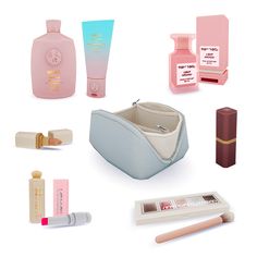 the contents of a purse are shown in this image, including lipstick, perfume bottles and other items