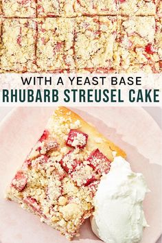 strawberry rhubarb streusel cake on a plate with whipped cream