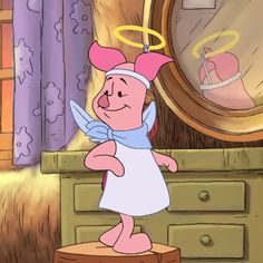 a cartoon character standing on top of a wooden table in front of a mirror and clock