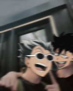 two anime characters are smiling and making faces