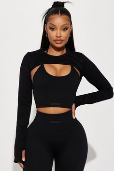 Dance Fits, Black Things, Fitness Fashion Outfits, Sleeve Bolero, Kardashian Outfit, Crop Top And Leggings, Active Top, Simple Outfit, Hack Tool