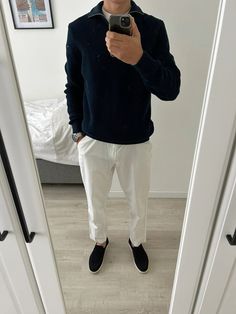 Loro Piana, Zara and Eleante outfit. Zara Outfit For Men, Men White Sweater Outfit, Masculine Men Outfit, How To Style Navy Blue Pants Men, Zara Style Men, Zara Man Outfit, Zara Men Outfits Summer 2024, Loro Piana Loafers Outfit