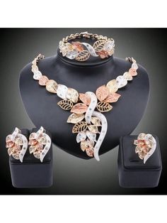 1pc Fashionable Crystal Leaf Gold-Colored Jewelry Set, Including Necklace, Earrings, Bracelet And Ring, Suitable For Women's Wedding Party Outfits, Gift Set Colorful,Gold,Silver         Women Fashion Jewelry, size features are:Bust: ,Length: ,Sleeve Length: Costume Jewelry Metal Bridal Sets, White Alloy Jewelry Sets For Gifts, Elegant Multicolor Jewelry Sets For Anniversary, Multicolor Jewelry For Valentine's Day Party, Metal Bridal Sets As Gift, Valentine's Day Party Multicolor Jewelry, White Alloy Jewelry For Anniversary, White Jewelry For Valentine's Day Celebration, Rose Gold Fashion Jewelry For Party