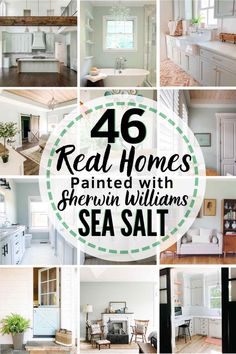 the words real homes painted with sherylin williams sea salt are shown in many different pictures