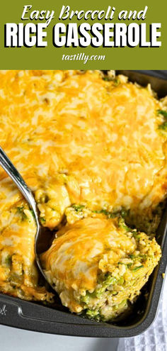 an easy broccoli and rice casserole in a pan with a spoon