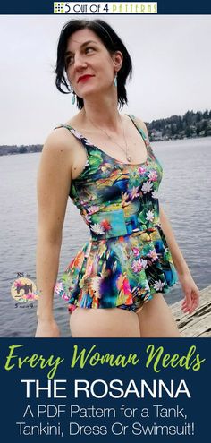 This flirty pattern has all your needs covered. Our Rosanna features unique side princess seaming and a low ballerina back with optional back straps. With options for a tank, tankini, dress or swimsuit, what will you choose to create? #womenspdfsewingpattern #peplumpattern #pdfpattern Playful Fitted Tankini For Beach Party, Playful Fitted Tankini For Vacation, Playful Sleeveless Tankini For Beach Party, Fun Printed Beach Dress, Playful Green Tankini For Summer, Fitted Beachy Tankini For Summer Parties, Beachy Fitted Tankini For Summer Parties, Beachy Sleeveless Tankini For Summer Parties, Fitted Printed Summer Swim Dress