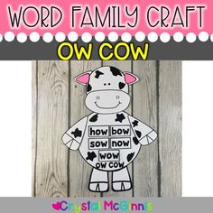 a cow cut out with the words word family craft on it's front and back