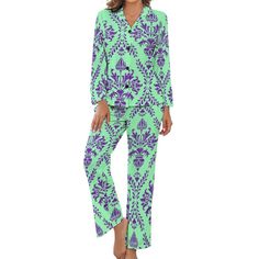 Production Process: Sublimation Material Description: 92% Polyester+8% Spandex Product Performance: This Women Night Wear Suit is the perfect choice for those who appreciate quality, comfort, and style in their sleepwear. The Women Night Wear Suit is a cozy and stylish choice for any woman. This Women Night Wear Suit offers a lightweight feel that is perfect for a restful sleep. The Women Night Wear Suit consists of a comfortable V-neck long-sleeve top and pants with pockets, both designed with Green Relaxation Sleepwear For Spring, Green Long Sleeve Sleepwear For Relaxation, Spring Nightwear Sets Fitted, Fitted Night Sets For Spring, Green Printed Sleepwear For Loungewear, Green V-neck Loungewear Set, Green Relaxed Fit Sleepwear For Relaxation, Green Relaxed Fit Sleepwear, Green Stretch Sleepwear For Loungewear