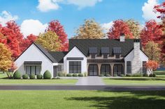 this is an artist's rendering of a house in the country side with trees and shrubs