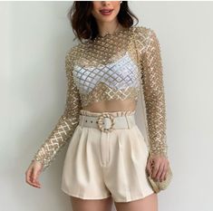 Full Sleeve Crop Top, Fishnet Top, Sequin Embellishment, Female Shorts, Mesh Crop Top, Top Outfit, Summer Crop Tops, Cropped Tops, Look Casual