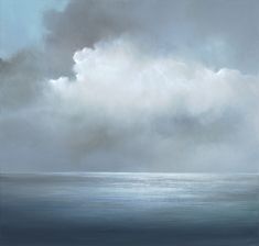 an oil painting of clouds over the ocean on a gray and blue day with no one in it