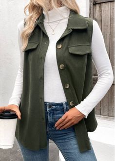 Color:Olive Green;Size:S;Size:M;Size:L;Size:XL;Size:XXL;Package Contents:1 X Waistcoat; Corduroy Waistcoat, Waistcoat Style, Olive Green Shirt, Plus Size Outerwear, Green Shirt, Sleeveless Shirt, Shirt Collar, Womens Clothing Tops, Plus Size Outfits