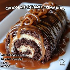 chocolate caramel cream roll on a white plate