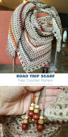 a hand holding a crocheted scarf with beads on it and the text road trip scarf free crochet pattern