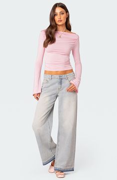 This subtly cropped top features a wide boat neck neck, textural gathering and flouncy bell sleeves for sweet energy. Boat neck Long sleeves 100% polyester Machine wash, dry flat Imported Pink Top Outfit, Pink Outfits Aesthetic, All Pink Outfit, Wide Sleeve Top, Gathered Top, Bell Sleeve Crop Top, Light Pink Tops, Long Sleeve Outfits, Fashion Sketches Dresses