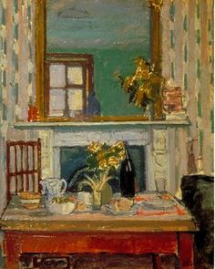 a painting of a living room with a table and chair in front of the fireplace