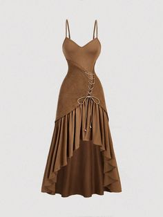 Women Brown Vintage Fabric Patchwork Asymmetrical Ruffle Hem Bodycon Midi Slip Dress,Fall Dresses,Vintage Nomadic Dress Brown Elegant  Sleeveless Knitted Fabric Plain Cami Medium Stretch  Women Clothing, size features are:Bust: ,Length: ,Sleeve Length: Vintage Silk Dresses, Slip Dress Fall, Ren Fair Outfits, Combination Of Clothes, Fair Outfits, Silk Dress Vintage, Fabric Patchwork, Maxi Dresses Fall, Ren Fair