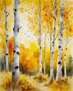 a painting of trees with yellow leaves on them