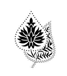 a black and white drawing of a flower with leaves on it's side, in the shape of a diamond