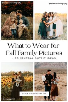 four pictures with the words what to wear for fall family pictures