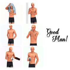 six different poses of a man with no shirt on and holding a bottle in his hand