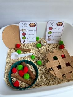 a bowl filled with oatmeal and apples on top of a white tray