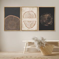 three framed art pieces hang on the wall above a bench in a room with wood flooring